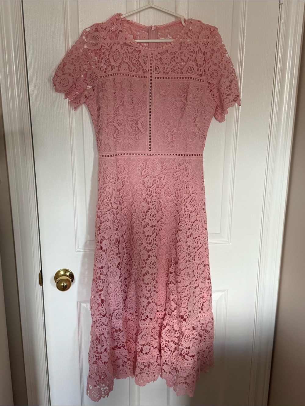 SHEIN Anewsta Elegant Lace Patchwork Pink Short Sleeve Ruffle Hem Dress